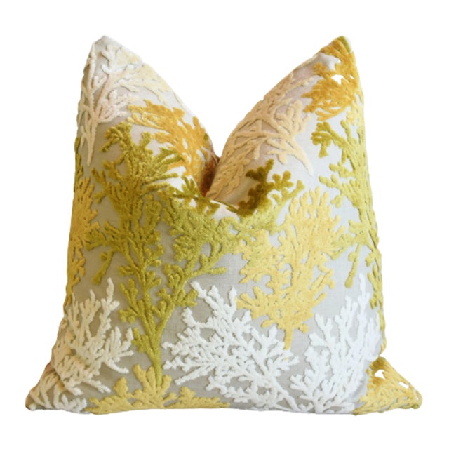 Nautical Coastal Gold, White & Green Coral Cut Velvet Feather/Down Pillow 23" Square For Sale - Image 4 of 5