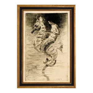 Mermaid and Sea Horse Illustration Framed Reproduction Print