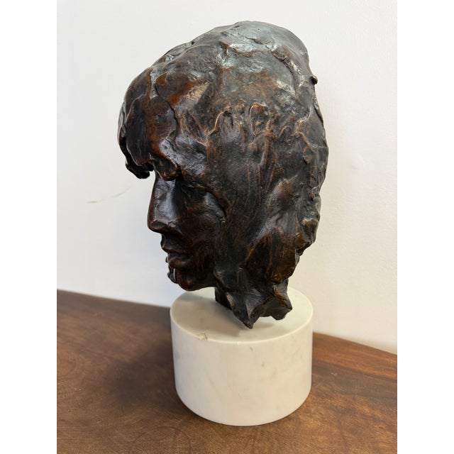 The "Mask" Bronze Sculpture Mounted on Marble by Paul Suttman 1967 Mid Century For Sale - Image 4 of 9