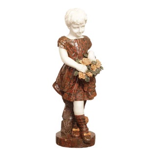 Mid 20th Century Figural Girl with Flowers Carved Marble Life-Size Statue For Sale