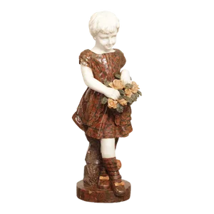 Mid 20th Century Figural Girl with Flowers Carved Marble Life-Size Statue