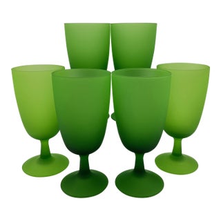 Vintage Carlo Moretti Italy Satinato Frosted Green Wine Water Glasses - Set of 6 For Sale