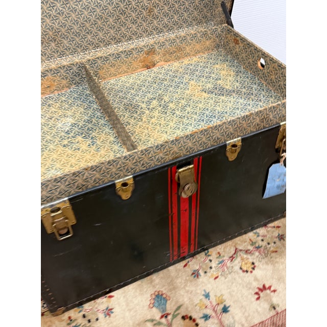 Black With Red Steamer Trunk, Antique For Sale - Image 9 of 10
