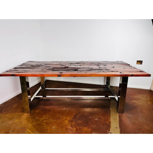 Brown Raw Wood & Chrome Dining Table For Sale - Image 8 of 12