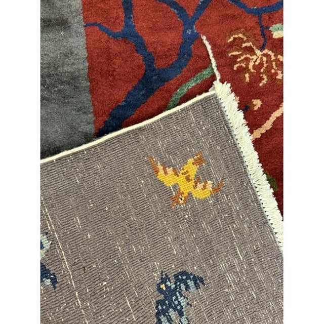 1920s Antique Vibrante Red Field Spray Floral Knotted Wool Chinese Art Deco Rug For Sale - Image 4 of 7