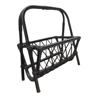 Mid Century Black Laquered Bamboo & Leather Magazine Rack Holder For Sale
