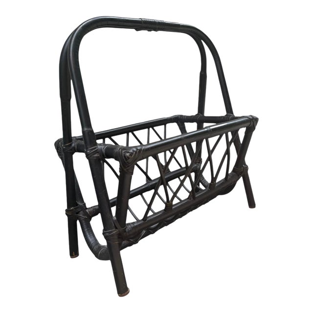 Mid Century Black Laquered Bamboo & Leather Magazine Rack Holder For Sale
