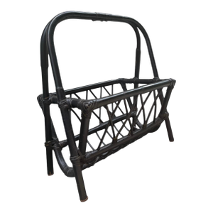 Mid Century Black Laquered Bamboo & Leather Magazine Rack Holder