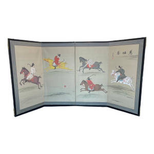 Late 20th Century Japanese Equestrian Scene 4 Panel Screen