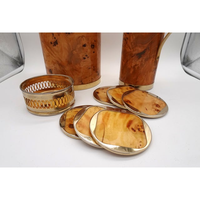 Italian Walnut Serving Set Including Tray, Ice Bucket, Thermos and Coasters, 1970s, Set of 4 For Sale - Image 10 of 18