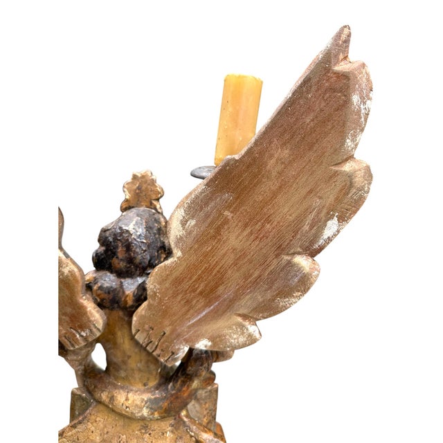 Wood Pair of 18th Century Italian Carved and Polychrome Angel Candlesticks For Sale - Image 7 of 18