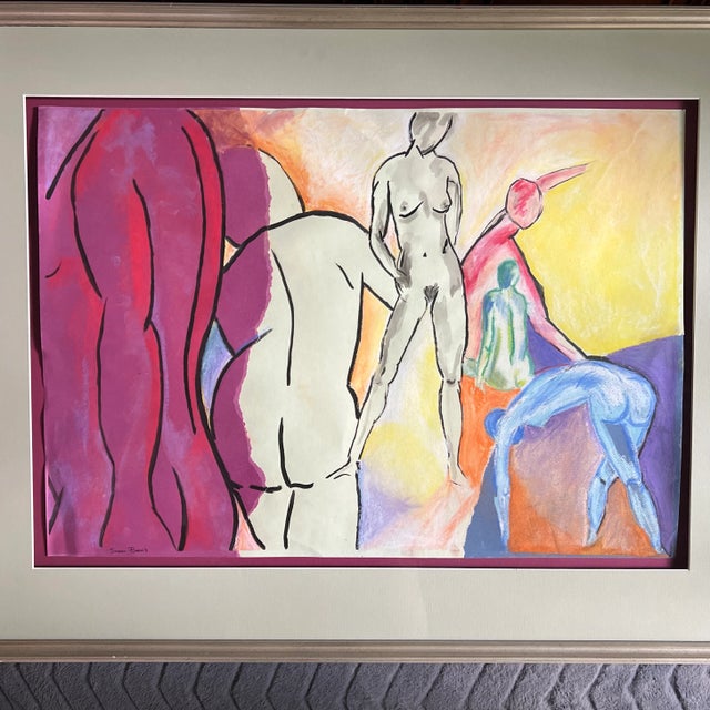 Contemporary nude abstract art watercolour and pastel on paper by Susan Berris American artist . Framed with glass
