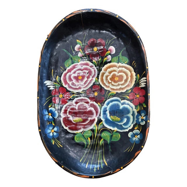 Hand Painted Carved Wooden Mexican Bowl. Rare Oval Design. For Sale