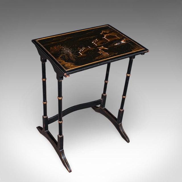 Paint Antique Nesting Table Trio, English, Japanned, Occasional, Waring & Gillow, 1910 For Sale - Image 7 of 12