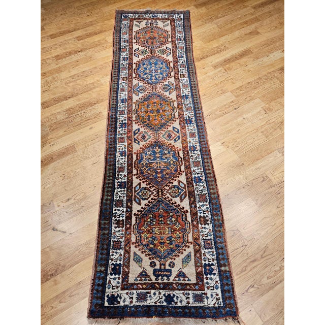 Textile Vintage Persian Serab Runner, Hand-Knotted Wool, Geometric Medallion Pattern, Ivory & Blue, 3x11 For Sale - Image 7 of 14