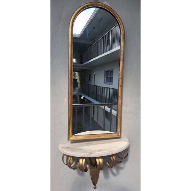 Gold 1940's Hollywood Regency Gilt Tole/ Marble/ Giltwood Mirrored Petite Console Table Set For Sale - Image 8 of 11