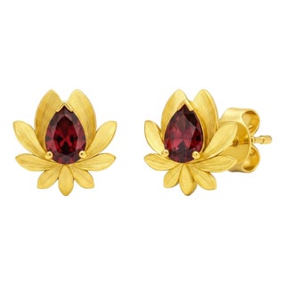Pear-Cut Garnet Lutus Flower Earrings Studs, Silver, Gold, Pair For Sale