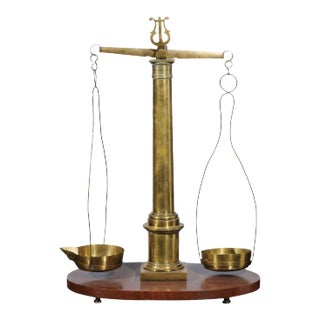 English 19th Century Brass Herbalist Scale with Central Column and Lyre Motif For Sale