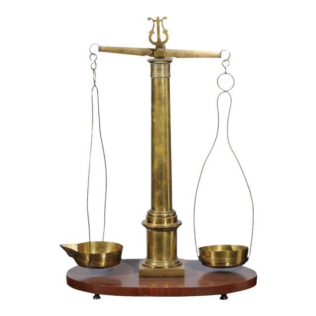 English 19th Century Brass Herbalist Scale with Central Column and Lyre Motif For Sale