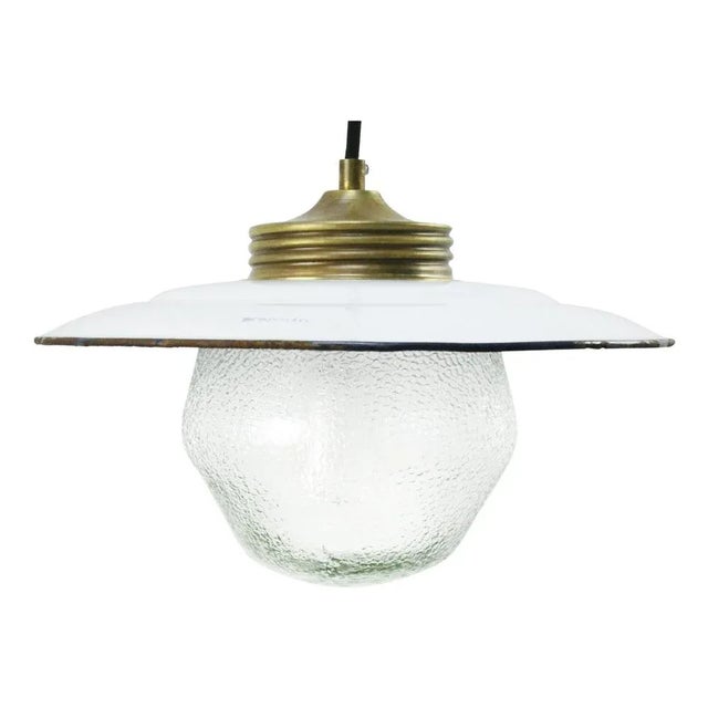 Vintage Brass, White Enamel & Frosted Glass Pendant Lights For Sale - Image 6 of 6