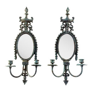 Mirrored Verdigris Neoclassical Double Sconces - a Pair For Sale
