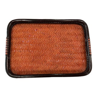 Vintage Asian Wooded Woven Rattan Tray With Handles For Sale