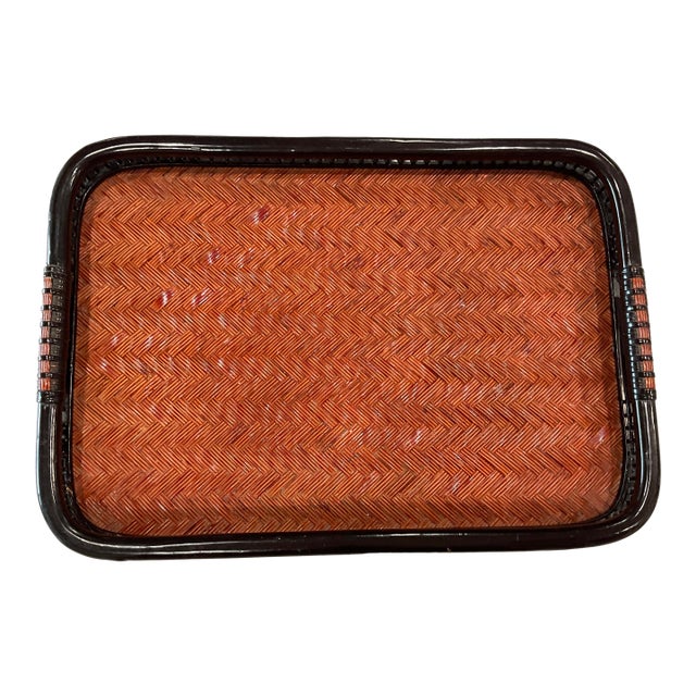 Vintage Asian Wooded Woven Rattan Tray With Handles For Sale