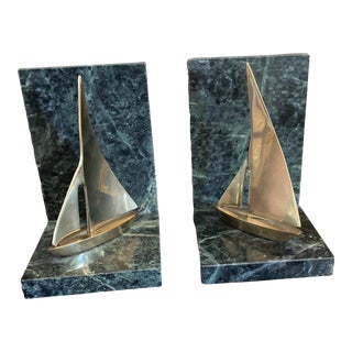 Mid-Century Modern Marble & Bronze Sailboat Bookends - a Pair For Sale