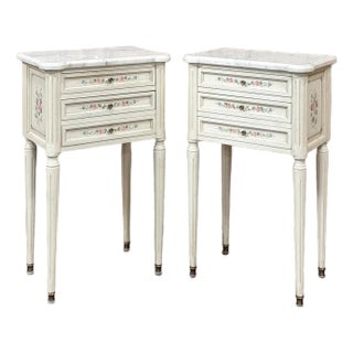 Late 20th Century Pair French Louis XVI Painted Side Tables ~ Nightstands With Carrara Marble For Sale