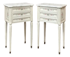 Late 20th Century Pair French Louis XVI Painted Side Tables ~ Nightstands With Carrara Marble