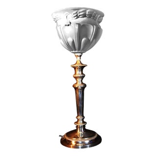 British Art Deco Silver-Plated Table Lamp with Opaline Glass Shade, 1920s For Sale