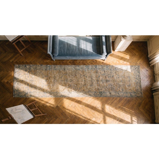 Camel 1930s Tan Camel Medallion Antique s.e. Persian Kirman Rug 2'8" X 14' Handknotted Wool Carpet For Sale - Image 8 of 9