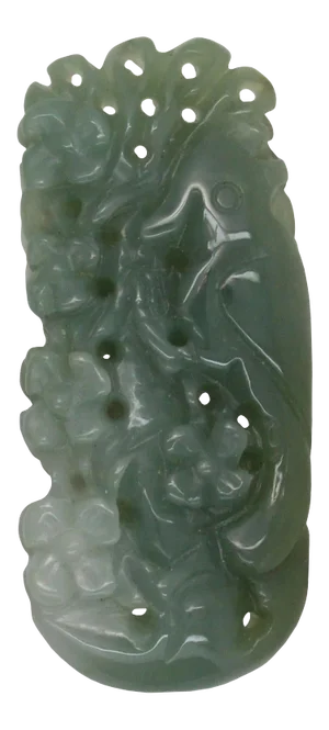 Carved Natural Green Jade Pendant With Parrot Play in Flowers Forest