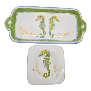 Barbara Finsness Bermuda Seahorse Hand Painted Italy Signature Collection Butter and Trinket Dish, Set of Two