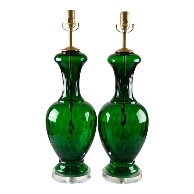 Vintage 1960s Murano Glass Table Lamps in Emerald Green - a Pair For Sale