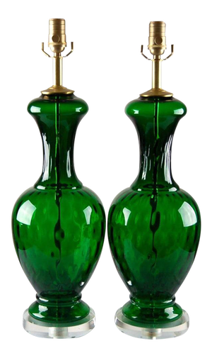 Vintage 1960s Murano Glass Table Lamps in Emerald Green - a Pair