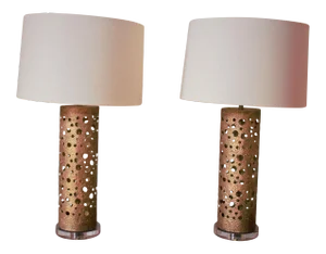 Brutalist Shasta Brass and Lucite Table Lamps With Shades - Pair