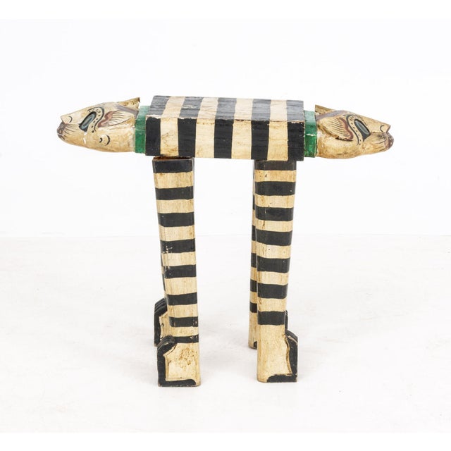 Folk Art Polychromed Double Cat Head Stool For Sale - Image 4 of 7