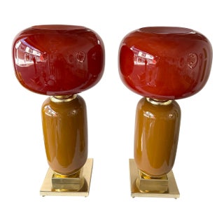 Contemporary Pair of Brass and Red Murano Glass Bulb Shade Lamps, Italy For Sale