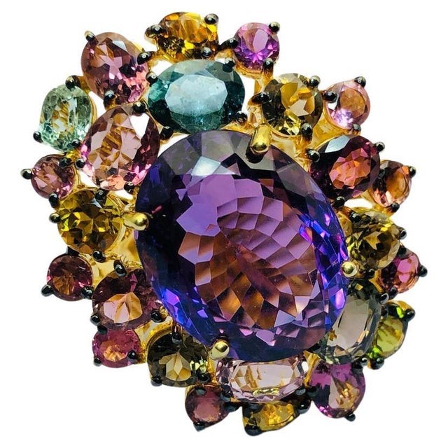 Bochic "Orient" Natural Multi Tourmaline & Amethyst Ring Set 18K Gold & Silver For Sale - Image 15 of 18
