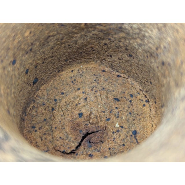 Late 20th Century Handcrafted Studio Pottery Blue Gray Glaze Speckled Pedestal Bowl Signed For Sale - Image 12 of 12