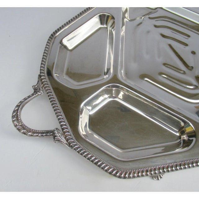 C.1930's Silverplate Over Copper Grande Scaled Footed, Divided Meat/Side Dish Coved Serving Entree Tray With Handles For Sale - Image 4 of 13