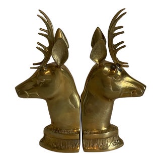 1970s Vintage Stag Head Brass Bookends - a Pair For Sale