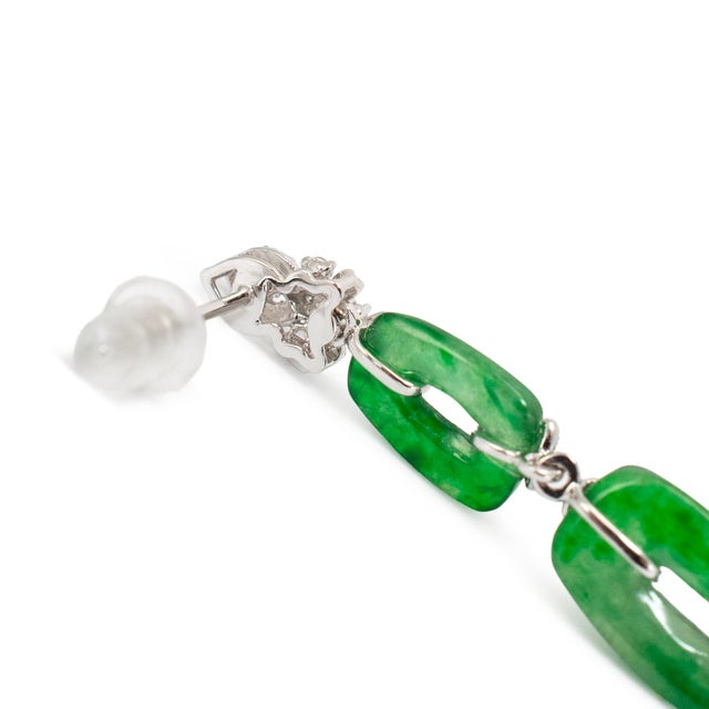18k White Gold 2.50ct Green Myanmar Jadeite Jade Diamond Dangle Earrings, A Pair For Sale - Image 4 of 7