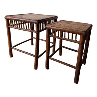 Vintage Burnt Bamboo Nesting Pair Side Tables For Sale