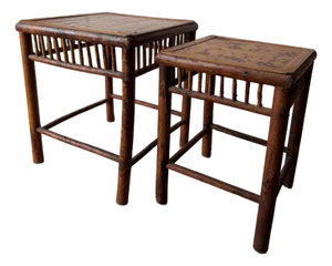 Vintage Burnt Bamboo Nesting Pair Side Tables