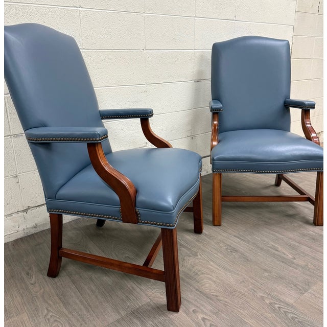 Chippendale Vintage Chippendale Style Blue Leather and Nailhead Executive Armchairs - Pair For Sale - Image 3 of 11