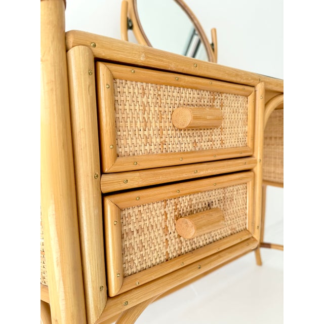 Brown Vintage Glass Top Wicker Bamboo Dressing Table with Mirror by Angraves of Leicester, 1970s For Sale - Image 8 of 14