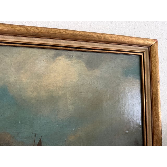Gray Antique Oil Painting Dutch Marine Seascape Sailing Boats Coastal Scene Unsigned For Sale - Image 8 of 10
