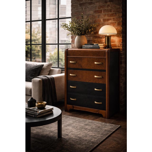 Early 20th Century Art Deco Waterfall Designer Accent Chest in Satin Walnut With Two-Tone Black Panels and Original Deco Brass Pulls For Sale - Image 11 of 11